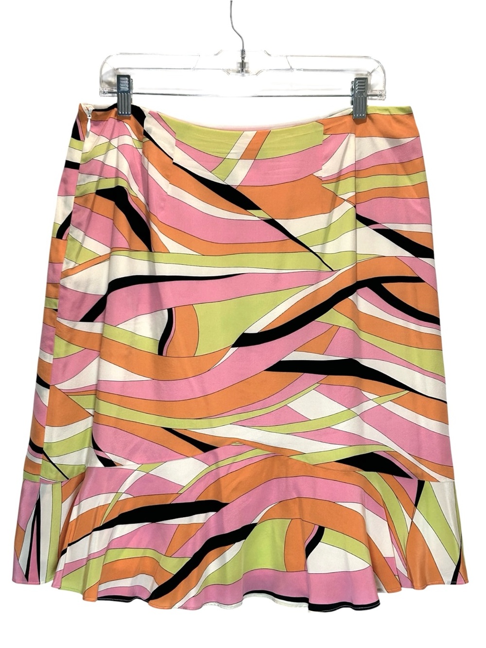 Talbots Silk Midi Skirt, Ruffle Hem, Retro Pink, Orange, & Green Print - Size 12